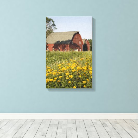 Rode Barn met gele wilde bloemen Canvas Afdruk (Insitu (Houten vloer))