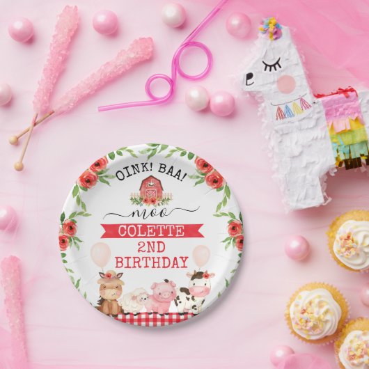 Rode Barn Oink Baa Moo Farm Animals Papieren Bordje (Feest)