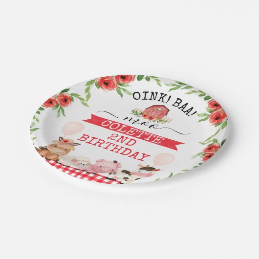 Rode Barn Oink Baa Moo Farm Animals Papieren Bordje (Gekanteld)