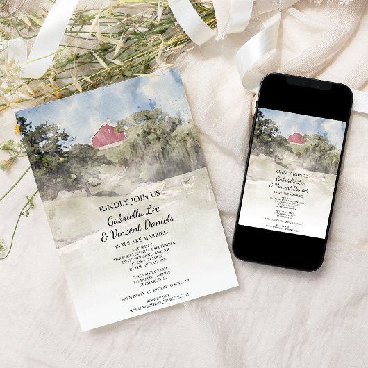 Rode Barn op de Waterverf van het Hillside Boerder Kaart