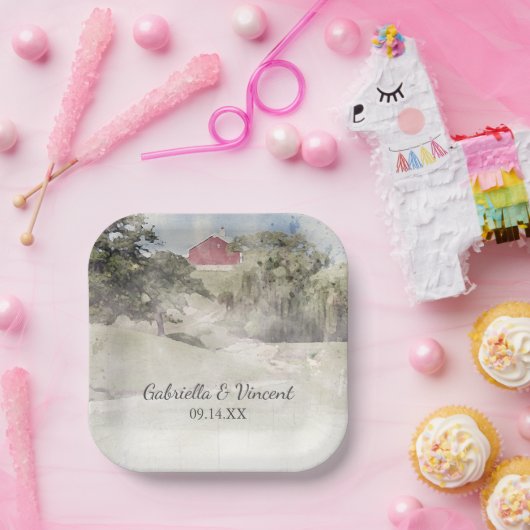 Rode Barn op het Boerderij van het heuvelland Papieren Bordje (Feest)