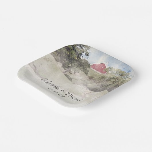 Rode Barn op het Boerderij van het heuvelland Papieren Bordje (Gebogen)