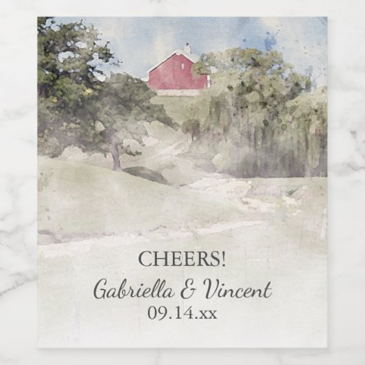 Rode Barn op het Boerderij van het heuvelland Wijn Etiket (Enkel label)