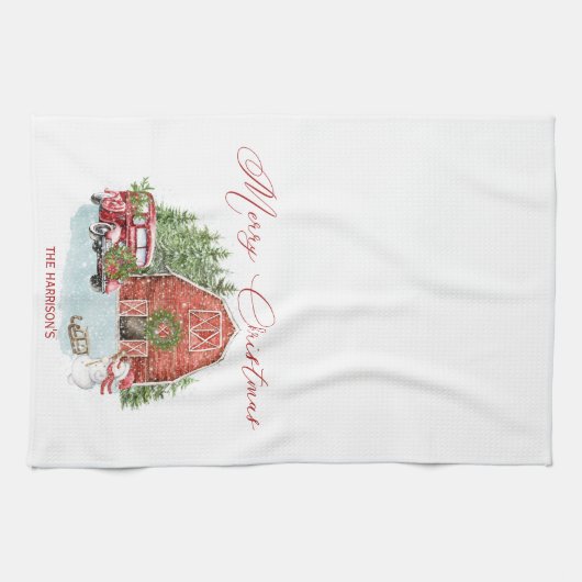Rode Barn, Snowman, Bomen,  Rode auto Theedoek (Horizontaal)