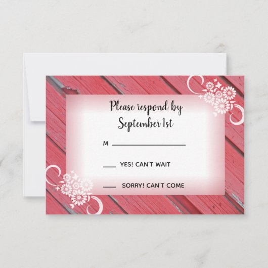 Rode Barn Wood en bloemen Land Weddenschap RSVP (Voorkant)