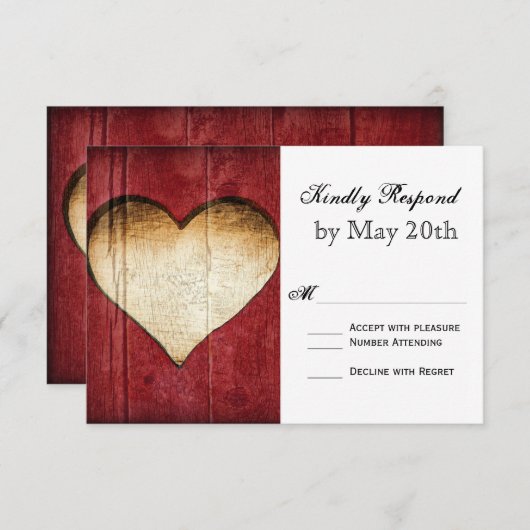 Rode Barn Wood Heart Country Weddenschap RSVP-kaar RSVP Kaartje (Voorkant / Achterkant)