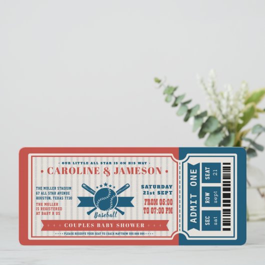 Rode Baseball Ticket Couples Baby shower Kaart (Staand voorkant)