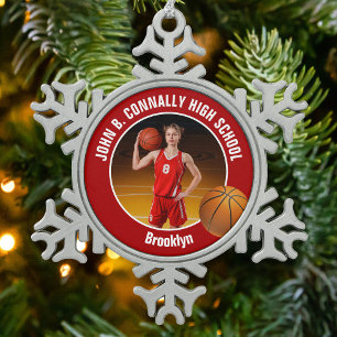 Rode Basketbalspeler Foto Aandenken Cadeau Tin Sneeuwvlok Ornament