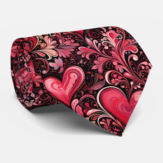 Rode Batik-geïnspireerde Valentijn hart Stropdas (Opgerold)