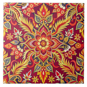 Rode Batik Patroon Bloemen Print Traditionele Etni Tegeltje