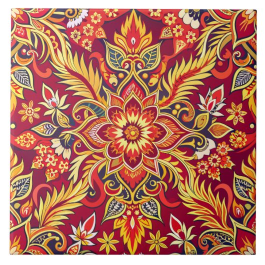 Rode Batik Patroon Bloemen Print Traditionele Etni Tegeltje (Voorkant)