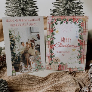 Rode Beige Gingham Schattige Puppy Bessen Kerstmis Feestdagenkaart