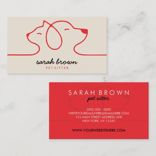 Rode beige Lineaire Logo Dog Kat Pet Visitekaartje (Voorkant / Achterkant)