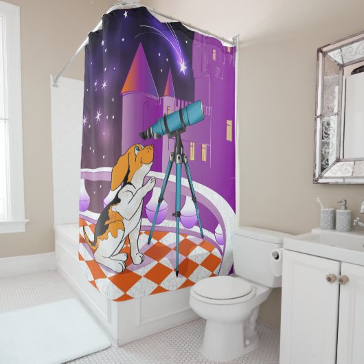 Rode beige puppy en telescoop douchegordijn (In situ)