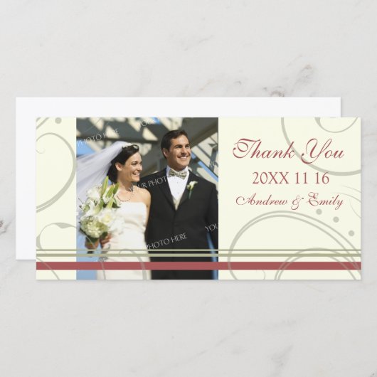 Rode beige wervel Dank u bruiloft foto kaarten (Voorkant / Achterkant)