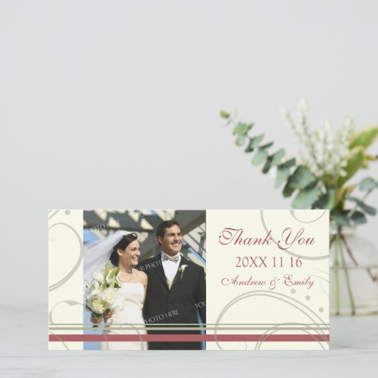 Rode beige wervel Dank u bruiloft foto kaarten (Staand voorkant)