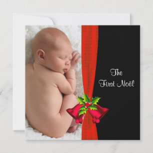 Rode Bellen Baby's Eerste Kerstdag Fotokaart Feestdagenkaart