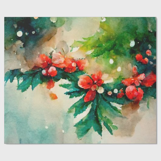 Rode Berries Greenery kerstFloral Waterverf Cadeaupapier (Vlak)