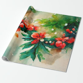 Rode Berries Greenery kerstFloral Waterverf Cadeaupapier