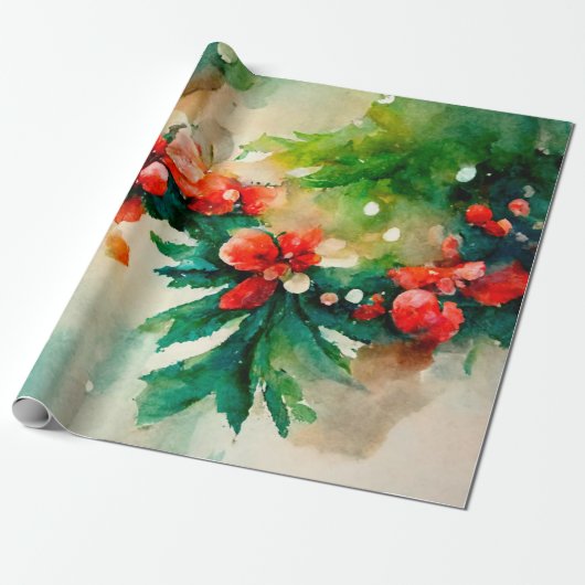 Rode Berries Greenery kerstFloral Waterverf Cadeaupapier (Uitgerold)