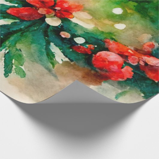 Rode Berries Greenery kerstFloral Waterverf Cadeaupapier (Hoek)