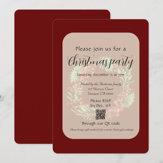 Rode Bes Kerstkrans Winter Rode Uitnodiging (Voorkant / Achterkant)