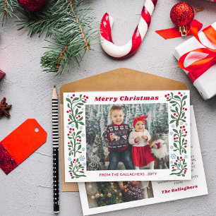Rode Besie Tak Sneeuwvlokken Frame Prettig Kerstfe Feestdagenkaart