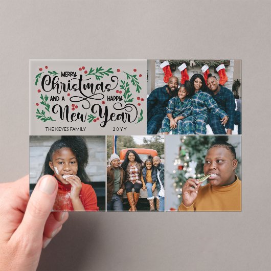 Rode bessen 4 foto Vrolijk Kerstfeest Gelukkig Nie Acryl Uitnodigingen (Insitu (Draagbaar))