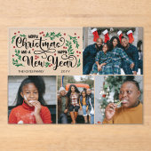 Rode bessen 4 foto Vrolijk Kerstfeest Gelukkig Nie Acryl Uitnodigingen (Voorkant)