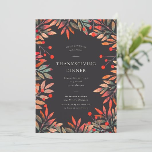 Rode bessen & bladeren aangepaste Thanksgiving din Kaart (Staand voorkant)