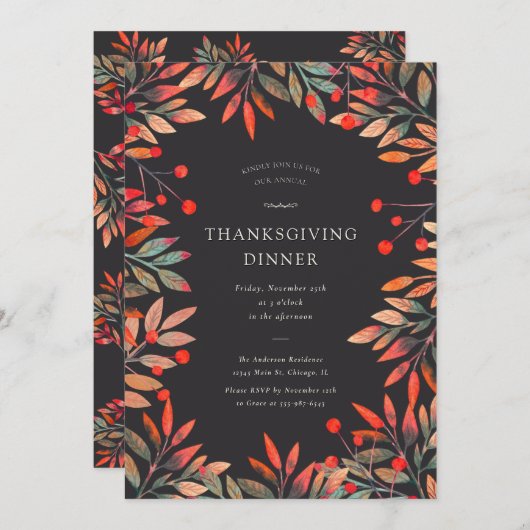 Rode bessen & bladeren aangepaste Thanksgiving din Kaart (Voorkant / Achterkant)