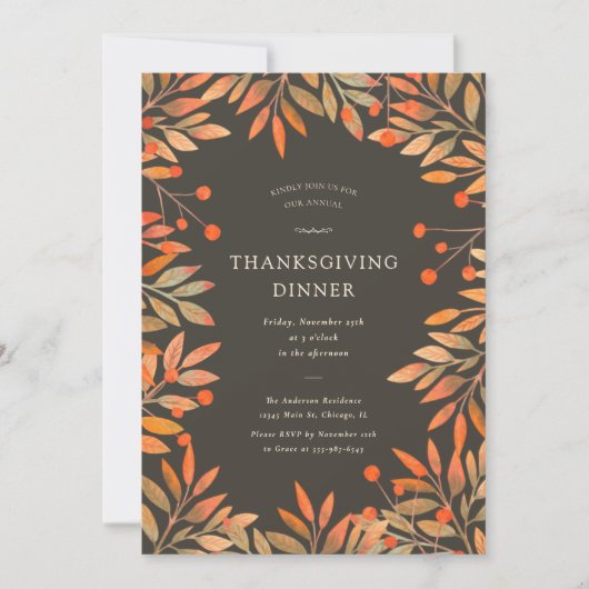 Rode bessen & bladeren bruin Thanksgiving Diner Kaart (Voorkant)