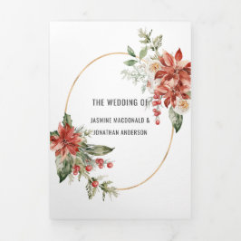 Rode bessen bruiloft rond Red Poinsettia Evergreen Drieluik Uitnodiging