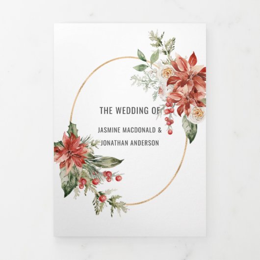 Rode bessen bruiloft rond Red Poinsettia Evergreen Drieluik Uitnodiging (Cover)