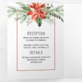 Rode bessen bruiloft rond Red Poinsettia Evergreen Drieluik Uitnodiging (Binnenzijde eerst)