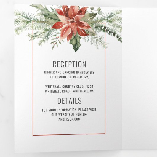 Rode bessen bruiloft rond Red Poinsettia Evergreen Drieluik Uitnodiging (Binnenzijde eerst)
