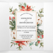 Rode bessen bruiloft rond Red Poinsettia Evergreen Drieluik Uitnodiging (Binnenkant midden)