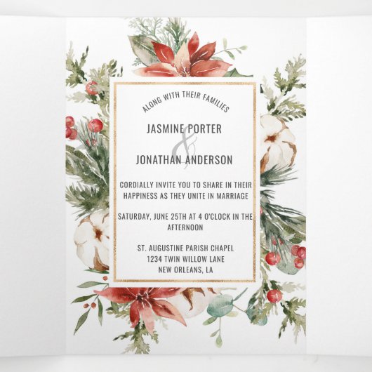 Rode bessen bruiloft rond Red Poinsettia Evergreen Drieluik Uitnodiging (Binnenkant midden)