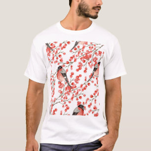 Rode bessen Bullfinches Waterverf Patroon T-shirt