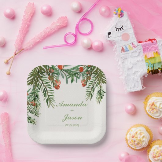 Rode bessen dennenappel kerst bruiloft papieren bordje (Feest)