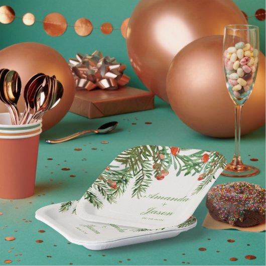 Rode bessen dennenappel kerst bruiloft papieren bordje (Multi)