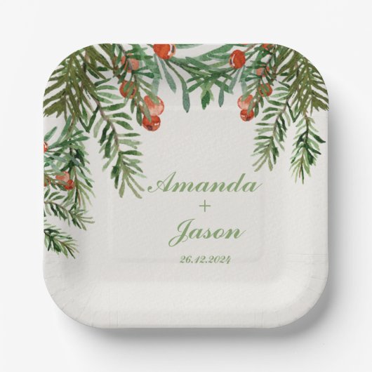 Rode bessen dennenappel kerst bruiloft papieren bordje (Voorkant)