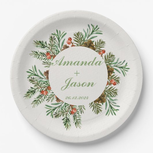 Rode bessen dennenappel kerst bruiloft papieren bordje (Voorkant)