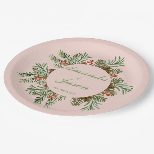 Rode bessen dennenappel kerst bruiloft papieren bordje (Gekanteld)