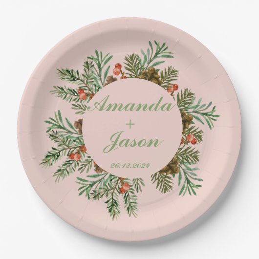Rode bessen dennenappel kerst bruiloft papieren bordje (Voorkant)