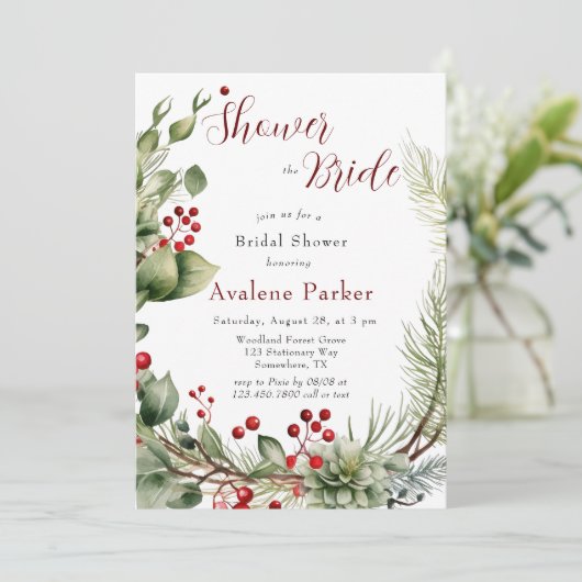 Rode bessen dennenkrans douche de bruid kaart (Staand voorkant)