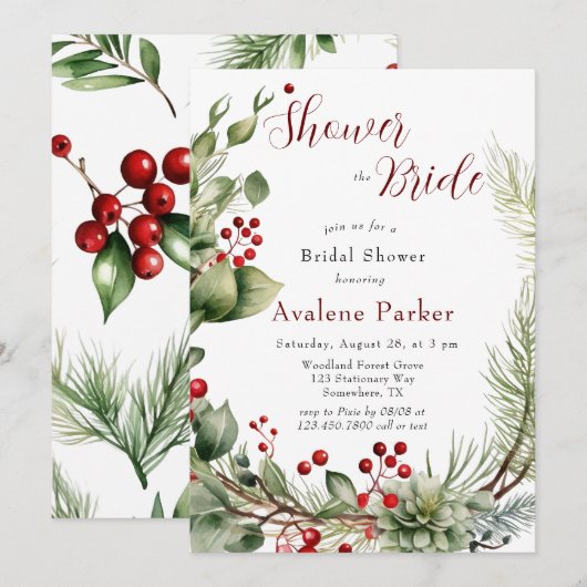 Rode bessen dennenkrans douche de bruid kaart (Voorkant / Achterkant)