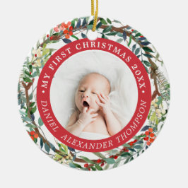 Rode bessen dennennaaldkrans Baby 1e Kerstmis Keramisch Ornament