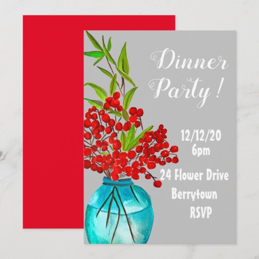Rode bessen elegante dinerparty kaart (Voorkant / Achterkant)