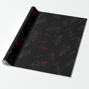 Rode bessen en bladeren Kerstmis zwart Cadeaupapier